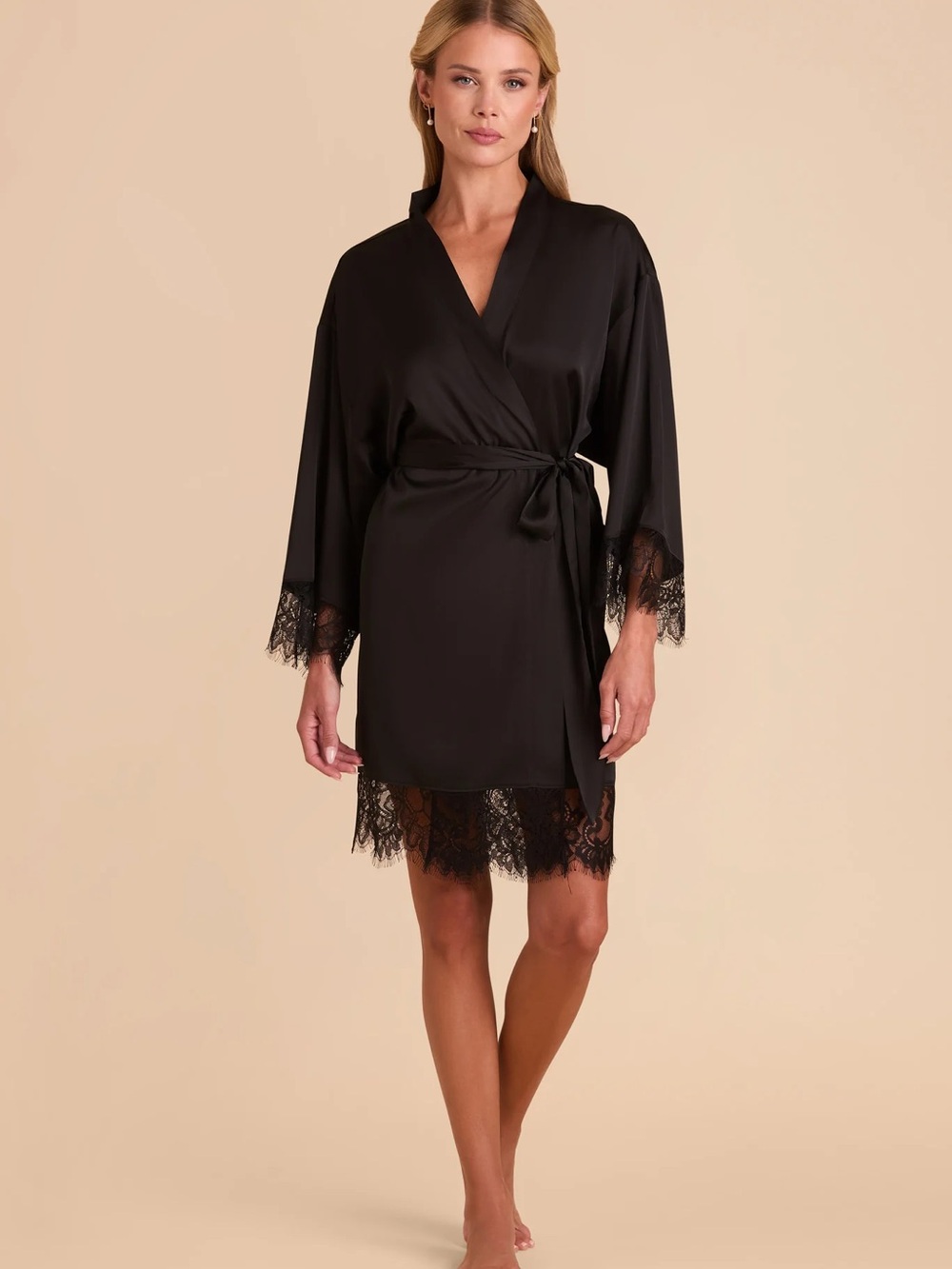 Birdy Grey Black Lace-Trim Wrap Robe